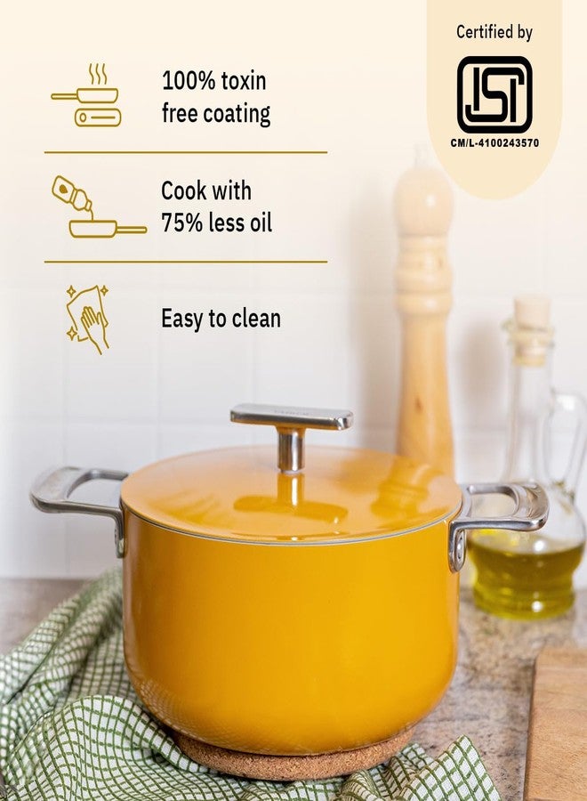 Ember Cookware قدر طهي سيراميك أرسيللا من إمبر كوكوير، 20 سم | 2.6 لتر، غير لاصق وغير سام، بغطاء معدني | معتمد من هيئة المواصفات والمقاييس الهندية | أواني طهي سيراميك | قدر برياني | مقبض فولاذي | ضمان 5 سنوات | بيناريس جولد - Image 2